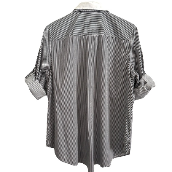 LAFAYETTE 148 NEW YORK GRAY WHITE STRIPED DOUBLE LAYER BUTTON DOWN TOP SHIRT M - Picture 4 of 5